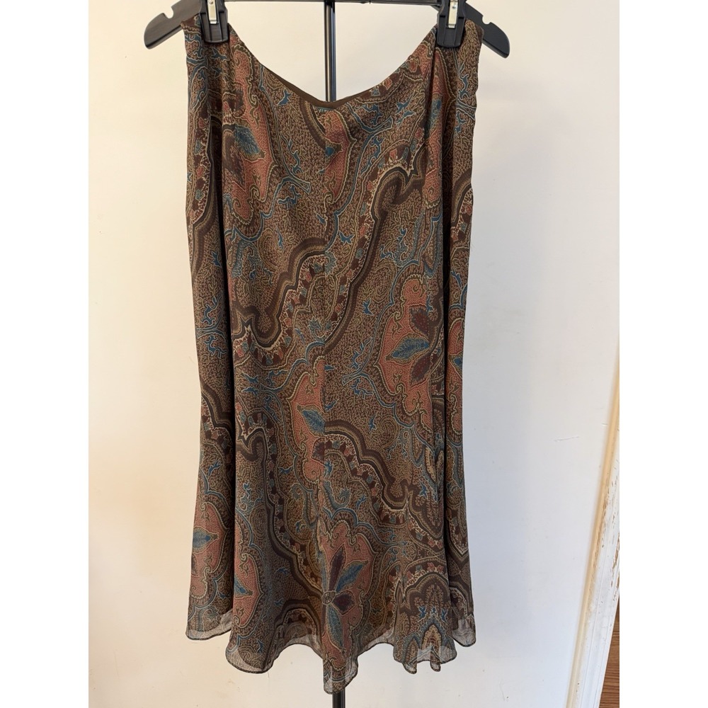 Lauren Ralph Lauren 100% Silk Paisley Midi Skirt Layered High Low Lined Brown 14